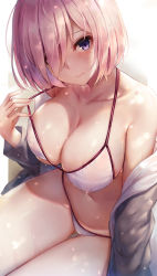 Rule 34 | 1girl, bare shoulders, bikini, blush, breasts, cleavage, closed mouth, collarbone, fate/grand order, fate (series), fingernails, gluteal fold, grey jacket, hair over one eye, head tilt, highres, jacket, large breasts, lifted by self, looking at viewer, mash kyrielight, mash kyrielight (swimsuit of perpetual summer), motokonut, navel, off shoulder, official alternate costume, open clothes, open jacket, pink hair, purple eyes, short hair, sitting, smile, solo, strap pull, swimsuit, thigh gap, thighs, wet, white bikini