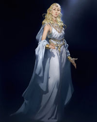 Rule 34 | 1girl, absurdres, blonde hair, bracelet, dark background, dress, elf, full body, galadriel, gold trim, highres, jewelry, tolkien&#039;s legendarium, looking up, mischeviouslittleelf, pointy ears, ring, sleeveless, solo, standing, the lord of the rings, wavy hair, white dress
