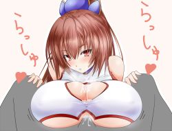 Rule 34 | 1boy, 1girl, bad id, bad pixiv id, bare shoulders, blush, breasts, brown eyes, brown hair, bulge, cleavage, cleavage cutout, clothed sex, clothing cutout, covered erect nipples, crop top, cum, cum on body, cum on breasts, cum on clothes, cum on upper body, facial, flying dragon, hair between eyes, hair ornament, head tilt, hetero, hiryuu no ken, huge breasts, long hair, looking at viewer, min min, no gloves, paizuri, paizuri under clothes, parted lips, penis, ponytail, pov, scratches, simple background, sleeveless, solo focus, taut clothes, tenpesuto, text focus, translated, uncensored, underboob