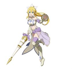 Rule 34 | 10s, 1girl, armor, armored boots, blonde hair, boots, bow, breasts, detached sleeves, floating hair, full body, green eyes, hair between eyes, hair ribbon, holding, holding weapon, lance, leafa, leg up, long hair, looking at viewer, medium breasts, midriff, navel, open mouth, pointy ears, polearm, ponytail, purple bow, purple thighhighs, ribbon, see-through, shield, simple background, solo, standing, stomach, strapless, sword art online, thighhighs, very long hair, weapon, white background, white ribbon
