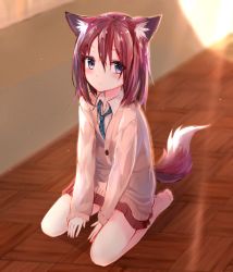 Rule 34 | 1girl, animal ears, barefoot, blue eyes, blurry, brown hair, cardigan, collared shirt, depth of field, dog ears, dog tail, expressionless, full body, light rays, miniskirt, original, pleated skirt, seiza, shirt, sitting, skirt, solo, sukemyon, tail, wing collar, wooden floor