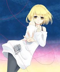 Rule 34 | 1girl, bad id, bad pixiv id, bare shoulders, black pantyhose, blonde hair, braid, doily, face, hand on own chest, highres, knit (pop&#039;n music), lace background, looking at viewer, outstretched hand, pantyhose, pop&#039;n music, short hair, solo, stardrop, string, string of fate, yellow eyes