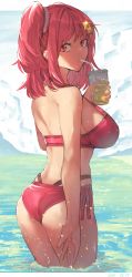 Rule 34 | 1girl, absurdres, ass, back, bare shoulders, bikini, breasts, commentary request, cup, disposable cup, drinking straw, from behind, hair ornament, highres, large breasts, looking at viewer, looking to the side, medium hair, multiple straps, neshia (tsaqif0309), original, partially submerged, red bikini, red eyes, red hair, scrunchie, side-tie bikini bottom, side ponytail, sideboob, sidelocks, standing, star (symbol), star hair ornament, swimsuit, wading, water, white scrunchie