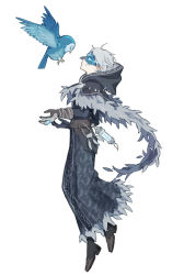 Rule 34 | 1boy, animal, asymmetrical gloves, bad id, bad pixiv id, belt, bird, black gloves, brown gloves, capelet, coat, eli clark, expressionless, feather trim, from side, full body, fur-trimmed capelet, fur-trimmed coat, fur trim, gloves, glowing, glowing eyes, hood, hood down, hooded capelet, identity v, kouri (kyorosuukeeeeeee), long coat, looking at another, looking up, male focus, mask, mismatched gloves, night owl (identity v), official alternate costume, owl, short hair, silver hair, simple background, solo, white background
