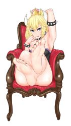 Rule 34 | 1girl, armchair, armlet, armpits, barefoot, blonde hair, blue eyes, bowsette, bracelet, chair, crown, feet, foot focus, highres, horns, jewelry, long hair, looking at viewer, mario (series), nail polish, new super mario bros. u deluxe, nintendo, odeshi (zuma odesi), parted lips, pov, soles, solo, spiked armlet, spiked bracelet, spikes, toenail polish, toenails, toes