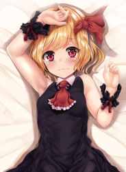 Rule 34 | 1girl, arm up, armpits, ascot, bare shoulders, bed, black dress, blonde hair, breasts, closed mouth, commentary, commentary request, dress, hair ribbon, hand on own head, kaeranu kaeru, looking at viewer, lying, necktie, on back, open hands, red eyes, red neckwear, red ribbon, ribbon, rumia, sad, short hair, sleeveless, sleeveless dress, sleeves past wrists, small breasts, solo, tears, touhou, wavy mouth, wrist cuffs, wristband