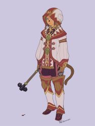 Rule 34 | 1girl, 2017, arms at sides, blue eyes, brown hair, cat tail, closed mouth, dated, final fantasy, final fantasy xi, full body, hat, highres, holding, holding weapon, long sleeves, looking at viewer, mace, mithra (ff11), mittens, no eyebrows, purple background, short hair, simple background, solo, standing, tail, twitter username, weapon, white mage (final fantasy), yuccoshi