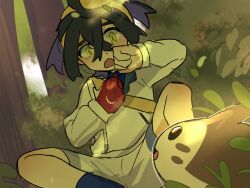 Rule 34 | 1boy, ahoge, arm up, belt, black hair, blue shirt, blue socks, bush, clenched hands, collared shirt, colored inner hair, commentary request, creatures (company), crossed bangs, forest, frown, furret, game freak, gen 2 pokemon, hair between eyes, headband, highres, jacket, kieran (pokemon), male focus, multicolored hair, nature, necktie, nintendo, open mouth, pokemon, pokemon sv, purple hair, red necktie, scared, shirt, short hair, shorts, socks, strap, suikaels, tree, two-tone hair, white jacket, white shorts, yellow belt, yellow eyes, yellow headband, yellow strap