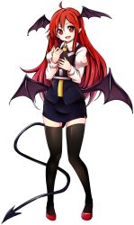 Rule 34 | 1girl, adapted costume, alternate costume, baba (baba seimaijo), bat wings, black thighhighs, book, hugging book, demon tail, full body, head wings, highres, holding, holding book, image sample, koakuma, long hair, long sleeves, looking at viewer, miniskirt, necktie, hugging object, open mouth, pointy ears, puffy sleeves, red eyes, red hair, resolution mismatch, shirt, shoes, skirt, skirt set, smile, solo, source larger, tail, thighhighs, touhou, transparent background, vest, wings, zettai ryouiki