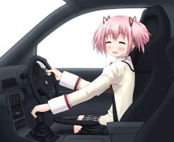 Rule 34 | 1girl, blush, car, car interior, closed eyes, commentary, highres, juliet sleeves, kaname madoka, long sleeves, looking at viewer, mahou shoujo madoka magica, mahou shoujo madoka magica (anime), mitakihara school uniform, motor vehicle, nissan skyline, nissan skyline gt-r, ochano, open mouth, pink hair, plaid, plaid skirt, puffy sleeves, school uniform, short hair, short twintails, sitting, skirt, smile, solo, steering wheel, twintails