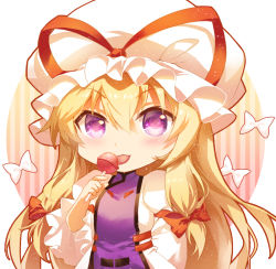 Rule 34 | 1girl, :3, :p, blonde hair, blush, bow, candy, circle, commentary, dress, food, hair between eyes, hair bow, hand up, hat, hat ribbon, holding, holding candy, holding food, holding lollipop, jokanhiyou, juliet sleeves, light particles, lollipop, long hair, long sleeves, looking at viewer, mob cap, puffy sleeves, purple eyes, red bow, red ribbon, ribbon, simple background, smile, solo, striped, tabard, tongue, tongue out, touhou, upper body, vertical stripes, very long hair, white background, white bow, white dress, white hat, wide sleeves, yakumo yukari