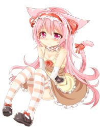 Rule 34 | 1girl, animal ears, blush, bow, collarbone, dress, frills, full body, hairband, heart, lolita hairband, long hair, mary janes, md5 mismatch, neck garter, original, paw print, pink eyes, pink hair, resolution mismatch, ribbon, shoes, simple background, sitting, solo, source larger, spaghetti strap, striped clothes, striped thighhighs, tail, thighhighs, unname, very long hair, white background