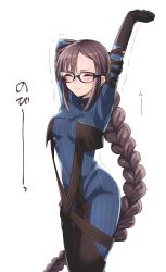Rule 34 | 1girl, arms behind head, black-framed eyewear, black dress, blue bodysuit, bodysuit, bodysuit under clothes, braid, braided ponytail, breasts, brown hair, closed eyes, dress, earrings, fate/grand order, fate (series), glasses, highres, jewelry, long braid, long hair, medium breasts, multiple earrings, pinstripe pattern, ribbon-trimmed dress, seeds328, simple background, single braid, solo, stretching, striped, striped bodysuit, trembling, vertical-striped bodysuit, very long hair, white background, yu mei-ren (fate), yu mei-ren (first ascension) (fate)