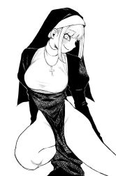 Rule 34 | 1girl, bare legs, blush, breasts, closed mouth, commentary request, cross, cross necklace, greyscale, groin, habit, haioku colonel, highres, jewelry, large breasts, looking at viewer, monochrome, necklace, nun, original, pelvic curtain, revealing clothes, sidelocks, simple background, smile, solo, thighs, white background
