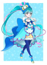 Rule 34 | 1girl, blue bow, blue hair, blue pantyhose, bow, cacao (99chocolove99), cure spicy, delicious party precure, elbow gloves, full body, fuwa kokone, gloves, green eyes, hair bow, huge bow, long hair, magical girl, pantyhose, precure, puffy short sleeves, puffy sleeves, short sleeves, side ponytail, solo