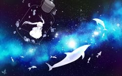 Rule 34 | 1girl, animal, black background, bottle, bucket, chi@ki (qualia), dolphin, dress, highres, jar, milky way, night, night sky, original, revision, signature, simple background, sitting, sky, smile, solo, star (sky), star (symbol), starry background, starry sky, surreal, twintails, white hair