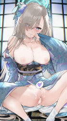 Rule 34 | 1girl, absurdres, after vaginal, aftersex, alternate costume, asuna (blue archive), blue archive, blue eyes, blue halo, blue kimono, blush, breasts, cleavage, collarbone, commentary request, cum, cum in mouth, cum in pussy, cum on body, cum on breasts, cum on upper body, hair over one eye, halo, highres, indoors, japanese clothes, kimono, kurotsuki machi, large breasts, light brown hair, long hair, long sleeves, looking at viewer, nipples, obi, open mouth, revision, sash, smile, socks, solo, white socks, wide sleeves