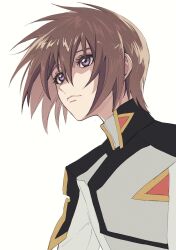 Rule 34 | 1boy, brown hair, closed mouth, commentary request, gundam, gundam seed, gundam seed freedom, hair between eyes, high collar, highres, jacket, jianmo sl, kira yamato, looking afar, looking ahead, male focus, military jacket, purple eyes, short hair, simple background, solo, upper body, white background, white jacket