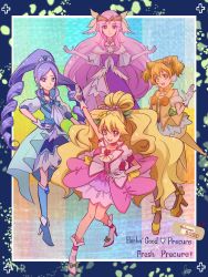 Rule 34 | 2020, 4girls, aono miki, artist request, bare shoulders, blonde hair, blue eyes, blue hair, blue skirt, boots, choker, cone hair bun, copyright name, cosplay, costume, crossover, cure berry, cure earth, cure earth (cosplay), cure fontaine, cure fontaine (cosplay), cure grace, cure grace (cosplay), cure passion, cure peach, cure pine, cure sparkle, cure sparkle (cosplay), dress, earrings, english text, eyelashes, fresh precure!, gloves, hair bun, hair ornament, twirling hair, hairband, half updo, halloween, halloween costume, happy, healin&#039; good precure, heart, heart hair ornament, higashi setsuna, high heel boots, high heels, highres, jewelry, long hair, looking at viewer, magical girl, momozono love, multiple girls, open mouth, orange eyes, orange hair, pink dress, pink eyes, pink hair, platform boots, platform footwear, platform heels, ponytail, precure, puffy short sleeves, puffy sleeves, purple dress, ribbon, short hair, short sleeves, signature, skirt, smile, source request, twintails, very long hair, vest, wavy hair, white gloves, yamabuki inori
