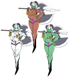 Rule 34 | 3girls, android, axe, breasts, green eyes, marokko (41evol), multiple girls, robot, weapon