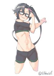 Rule 34 | 10s, 1girl, amagiri (kancolle), bad id, bad twitter id, bare shoulders, bike shorts, black-framed eyewear, black eyes, black hair, blush, cowboy shot, cropped legs, duplicate, ebifurya, glasses, groin, highres, inactive account, kantai collection, long hair, navel, one-hour drawing challenge, open mouth, ponytail, simple background, solo, stomach, stretching, toned, twitter username, white background