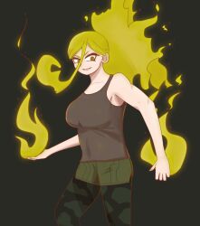 Rule 34 | 1girl, absurdres, armpits, artist request, bare arms, bare shoulders, boku no hero academia, breasts, burnin (boku no hero academia), camouflage, casual, clenched hands, clenched teeth, collarbone, covered navel, crazy eyes, dark background, eyelashes, female focus, fiery hair, fire, gradient hair, green fire, hair between eyes, highres, kamiji moe, large breasts, long bangs, long hair, looking to the side, mask, multicolored hair, neck, official alternate costume, pantyhose, pantyhose under shorts, parted lips, ponytail, pyrokinesis, short shorts, shorts, side slit, sidelocks, simple background, skin tight, sleeveless, smile, smirk, standing, tank top, teeth, unworn mask, v-shaped eyebrows, wide ponytail, yellow eyes