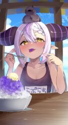 Rule 34 | animal, animal on head, bird, bird on head, black horns, braid, braided bangs, crow (la+ darknesss), food, grey hair, hololive, horns, la+ darknesss, multicolored hair, nyas0123, on head, pointy ears, purple hair, shaved ice, spoon, streaked hair, striped horns, swimsuit, tongue, tongue out, virtual youtuber, yellow eyes