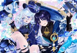 13wmel 1boy 1girl :p anemo_symbol_(genshin_impact) ararycan_(genshin_impact) armor ascot asymmetrical_gloves black_bodysuit black_bridal_gauntlets black_gloves black_nails black_shorts blue_ascot blue_bow blue_brooch blue_cape blue_eyes blue_gemstone blue_hair blue_hat blue_jacket blue_kimono blue_pupils blue_sleeves bodysuit bow bridal_gauntlets bright_pupils bubble cape covered_collarbone creature curly_ends drop-shaped_pupils eyeliner eyeshadow feathers formal_clothes furina_(genshin_impact) gem genshin_impact gentilhomme_usher gloves gold gold_ring grey_trim hair_between_eyes hakama hakama_shorts half_gloves han&#039;eri hand_up hat hat_bow heterochromia highres jacket japanese_armor japanese_clothes jingasa kimono kote kurokote lapels layered_kimono light_blue_hair long_sleeves mademoiselle_crabaletta makeup middle_finger middle_ring mini_hat mini_top_hat mismatched_pupils open_clothes open_kimono open_mouth ouji_fashion pleated_shorts pom_pom_(clothes) purple_eyes purple_hair red_eyeliner red_eyeshadow scaramouche_(genshin_impact) short_hair shorts shoulder_peek side-by-side sitting suit suit_jacket surintendante_chevalmarin symbol-shaped_pupils teeth thigh_strap tongue tongue_out top_hat upper_teeth_only vision_(genshin_impact) wanderer_(genshin_impact) white_gloves white_kimono white_pupils white_trim yellow_feathers