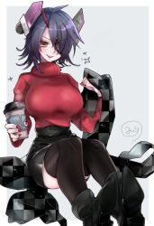 Rule 34 | 1girl, alternate costume, black footwear, black skirt, black thighhighs, boots, breasts, cup, disposable cup, eyepatch, headgear, high heel boots, high heels, highres, holding, holding cup, kantai collection, large breasts, long sleeves, miniskirt, mizoredama1, purple hair, red sweater, short hair, sitting, skirt, solo, sweater, tenryuu (kancolle), thighhighs, yellow eyes