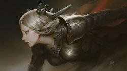 Rule 34 | 1girl, armor, breasts, brown eyes, commentary, dao trong le, dated, from side, highres, large breasts, leaning forward, long hair, no pupils, nose, open mouth, original, parted lips, profile, red lips, signature, silver hair, solo