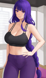 Rule 34 | 1girl, absurdres, arm at side, bare shoulders, black sports bra, blunt bangs, blush, braid, breasts, cleavage, collarbone, covered navel, cowboy shot, genshin impact, gluteal fold, hand on own hip, high-waist pants, highres, holding, holding towel, indoors, large breasts, long hair, looking at viewer, low-braided long hair, low-tied long hair, mole, mole under eye, o-ring, o-ring top, pants, parted lips, purple eyes, purple hair, purple pants, raiden shogun, smile, solo, sports bra, sportswear, thighs, towel, twitter username, very long hair, yoga pants, zaphn