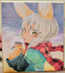 Rule 34 | 1other, alternate costume, animal ears, aqua shirt, artist name, blush, breath, brown eyes, brown fur, can, casual, closed mouth, commentary request, contemporary, from side, furry, grey hair, hands up, holding, holding can, looking at viewer, looking to the side, made in abyss, mumu yu mu, nanachi (made in abyss), photo (medium), plaid, plaid scarf, red scarf, scarf, shikishi, shirt, short hair, sidelocks, sideways glance, sky, solo, traditional media, upper body, whiskers