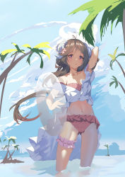 Rule 34 | 1girl, :o, absurdres, animal ears, antenna hair, arknights, arm behind head, bikini, blue sky, blush, breasts, cloud, cloudy sky, eyjafjalla (arknights), eyjafjalla (summer flower) (arknights), feet out of frame, float-dian, flower, hair flower, hair ornament, highres, horns, long hair, looking at viewer, navel, off-shoulder bikini, off shoulder, open mouth, outdoors, palm tree, pink bikini, pink eyes, pink flower, sarong, sheep ears, sheep girl, sheep horns, sky, small breasts, solo, stomach, swimsuit, thigh strap, tree, wading, white sarong