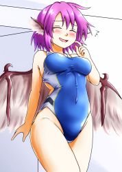 Rule 34 | 1girl, animal ears, bird wings, blue one-piece swimsuit, blush, breasts, competition swimsuit, d-m (dii emu), closed eyes, highres, medium breasts, mystia lorelei, one-piece swimsuit, open mouth, pink hair, short hair, smile, solo, sweatdrop, swimsuit, touhou, wings