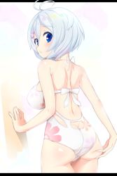 Rule 34 | .live, 1girl, akiiro, antenna hair, ass, ass grab, blue eyes, blush, breasts, butt crack, closed mouth, from behind, grabbing own ass, highres, large breasts, letterboxed, looking at viewer, one-piece swimsuit, short hair, shoulder blades, silver hair, dennou shoujo siro, solo, swimsuit, virtual youtuber