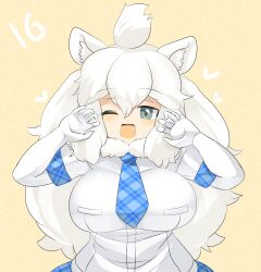 Rule 34 | 1girl, animal ear fluff, animal ears, blue necktie, blue skirt, blush, breasts, commentary request, elbow gloves, fang, gloves, grey eyes, heart, highres, kemono friends, large breasts, lets0020, lion ears, lion girl, long hair, looking at viewer, medium bangs, necktie, numbered, one eye closed, open mouth, plaid, plaid necktie, plaid skirt, shirt, short sleeves, skirt, smile, solo, upper body, white gloves, white hair, white lion (kemono friends), white shirt, yellow background
