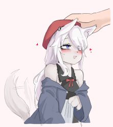 Rule 34 | 1girl, 2poet, 9a-91 (girls&#039; frontline), animal ear fluff, animal ears, bare shoulders, blue eyes, blue jacket, blush, furry, furry female, girls&#039; frontline, grey background, hat, headpat, heart, jacket, off shoulder, official alternate costume, open mouth, red headwear, simple background, solo focus, tail, tail wagging, upper body, wide sleeves