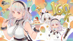 Rule 34 | 1girl, absurdres, anchor choker, azur lane, balloon, black footwear, blunt bangs, bow, bracelet, breasts, cake, character doll, chibi, cleavage, clothing cutout, commentary, copyright name, cream, cream on face, cwilocky, dido (azur lane), doll, dress, eating, english commentary, english text, eyelashes, food, food on face, fork, fruit, hair bow, hairband, highres, jewelry, large breasts, logo, long hair, looking at viewer, maid, multiple views, nail polish, plate, red eyes, second-party source, sideboob, silver hair, sleeveless, star balloon, strawberry, sword, thighhighs, underboob, underboob cutout, upper body, watermark, weapon, white dress, white nails, white thighhighs