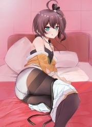 Rule 34 | 1girl, :q, absurdres, ahoge, arm support, ass, black pantyhose, brown hair, camisole, clothes around waist, clothes pull, commentary request, ex idol, feet out of frame, green eyes, hair between eyes, hair ribbon, headboard, highres, hololive, looking at viewer, lying, natsuiro matsuri, natsuiro matsuri (1st costume), on bed, on side, one side up, panties, panties under pantyhose, pantyhose, partially undressed, pillow, ribbon, shirt, shirt around waist, short hair, skirt, skirt pull, solo, thighband pantyhose, tongue, tongue out, underwear, virtual youtuber, white panties, white skirt