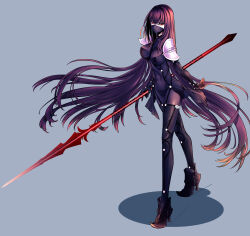 1girl armor blue_background bodysuit boots breasts fate/grand_order fate_(series) full_body gae_bolg_(fate) high_heel_boots high_heels highres holding holding_polearm holding_weapon long_hair looking_at_viewer mask mouth_mask no_mae_(mikakatachi) polearm purple_bodysuit purple_hair red_eyes scathach_(fate) shadow shoulder_armor solo very_long_hair weapon