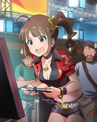 Rule 34 | 10s, 1girl, 3boys, :d, ahoge, bandai namco, bracelet, breasts, brown hair, choker, cleavage, crop top, d:, idolmaster, idolmaster million live!, jewelry, midriff, multiple boys, navel, necklace, official art, open mouth, pendant, playing games, purple eyes, shorts, side ponytail, smile, sweatdrop, video game, wristband, yokoyama nao
