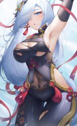 Rule 34 | 1girl, absurdres, arm behind head, arm up, armpits, black bodysuit, bodysuit, breasts, cleavage, commentary request, covered navel, detached sleeves, earrings, eyeshadow, genshin impact, grey eyes, hair ornament, hair over one eye, highres, hongshi (13234456009), jewelry, large breasts, long bangs, long hair, long sleeves, looking at viewer, low-tied long hair, makeup, parted lips, red eyeshadow, red ribbon, ribbon, rope, shenhe (genshin impact), shimenawa, sidelocks, simple background, solo, torn bodysuit, torn clothes, white background, white hair