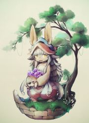 Rule 34 | 1girl, :3, :d, absurdres, animal, animal ears, anko anko, beige background, colored eyelashes, ears through headwear, fake horns, fangs, furry, grass, helmet, highres, holding, holding animal, horned helmet, made in abyss, nanachi (made in abyss), open mouth, puffy pants, short hair with long locks, smile, standing, tail, topless, tree, whiskers, white hair, yellow eyes