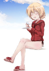 Rule 34 | 10s, 1girl, adapted uniform, bikini, blonde hair, blue eyes, braid, closed eyes, cloud, cloudy sky, commentary request, crossed legs, cup, darjeeling (girls und panzer), emblem, full body, girls und panzer, holding, hood, hoodie, invisible chair, jacket, long sleeves, no pants, open mouth, red jacket, sandals, saucer, short hair, side-tie bikini bottom, sitting, sky, smile, solo, st. gloriana&#039;s military uniform, swimsuit, teacup, thighs, twin braids, white background, yumesato makura