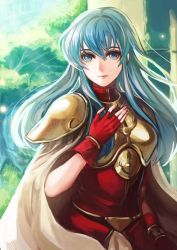 Rule 34 | 1girl, armor, blue hair, breastplate, cape, day, eirika (fire emblem), fingerless gloves, fire emblem, fire emblem: the sacred stones, gloves, kokouno oyazi, long hair, looking at viewer, nintendo, outdoors, painting (medium), pauldrons, shoulder armor, solo, traditional media, watercolor (medium)