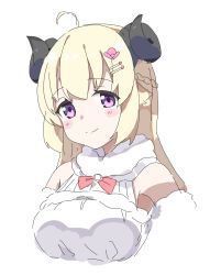 Rule 34 | 1girl, ahoge, bare shoulders, blonde hair, blush stickers, breasts, closed mouth, commentary request, cropped torso, curled horns, dress, hair ornament, hairclip, highres, hololive, horns, long hair, looking at viewer, medium breasts, okota mikan, purple eyes, sheep horns, simple background, sleeveless, sleeveless dress, smile, solo, tsunomaki watame, tsunomaki watame (1st costume), upper body, virtual youtuber, white background, white dress