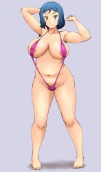 Rule 34 | 1girl, areola slip, armpit hair, arms up, blue hair, colored armpit hair, colored pubic hair, covered erect nipples, female pubic hair, full body, gundam, gundam build fighters, highres, iori rinko, large areolae, mature female, navel, pubic hair, slingshot swimsuit, solo, swimsuit, tof, wide hips