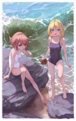 Rule 34 | 2girls, :d, absurdres, armpits, beach, bingwei huang, blonde hair, blue eyes, brown hair, copyright request, feet, food, highres, legs, looking at viewer, multiple girls, ocean, one-piece swimsuit, open mouth, outdoors, popsicle, red eyes, short hair, signature, sitting, smile, standing, swimsuit, thighs, toes