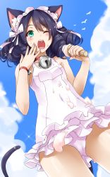 Rule 34 | 10s, 1girl, animal ears, bell, black hair, cat ears, cat tail, cloud, curly hair, cyan (show by rock!!), day, double flare skirt one-piece, drill hair, dutch angle, food, frilled swimsuit, frills, from below, green eyes, highres, ice cream, jingle bell, kinsenka, looking at viewer, motion blur, nontraditional school swimsuit, one-piece swimsuit, one eye closed, outdoors, school swimsuit, sexually suggestive, show by rock!!, sky, soft serve, strawberry heart (show by rock!!), swimsuit, tail, white one-piece swimsuit, white school swimsuit