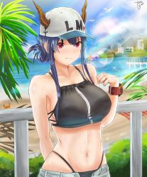 Rule 34 | 1girl, absurdres, arknights, arm behind back, bare arms, bare shoulders, baseball cap, bikini, black bikini, blue hair, blue sky, breasts, ch&#039;en (arknights), ch'en (arknights), cloud, commentary, crab, day, dragon horns, english commentary, female tourist c (arknights), hand up, hat, highleg, highleg bikini, highres, horns, horns through headwear, large breasts, lens flare, long hair, looking at viewer, navel, ocean, official alternate costume, open fly, railing, red eyes, sidelocks, sky, solo, stomach, swimsuit, tacticsalt, upper body, water